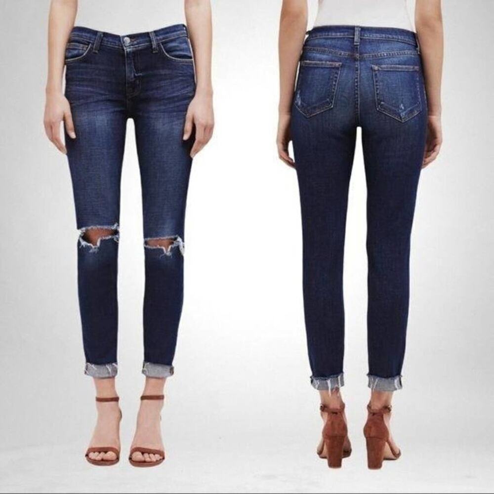 L'AGENCE Rachel Ripped Crop Slim Fit Blue Slouch Cuffed Jeans Size 24 Stretch